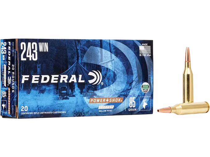 Federal Power-Shok 243 Winchester Ammo 85 Grain Solid Hollow Point Lead Free Box of 20